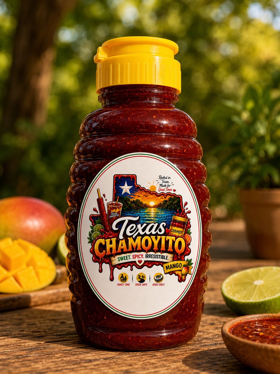 Mango Texas Chamoyito bottle with fresh fruit